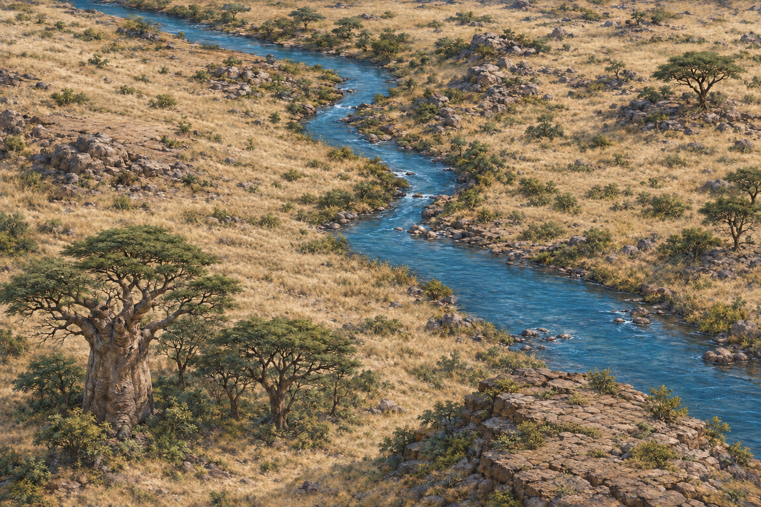A softly painted savanna with neutral sandy grassland, a winding blue river, rocks and a baobab grove. Wildlife marks each chapter.